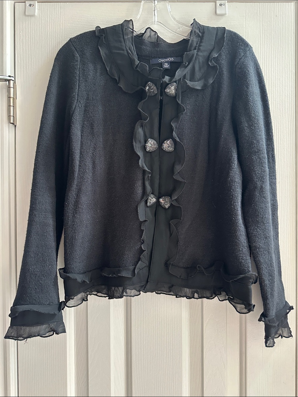 Chadwicks Y2K 2000s Black Ruffle-Trim Cardigan PM Whimsygoth Coquette Vampy